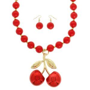 Red Cherry Pendant Pearl Necklace Set